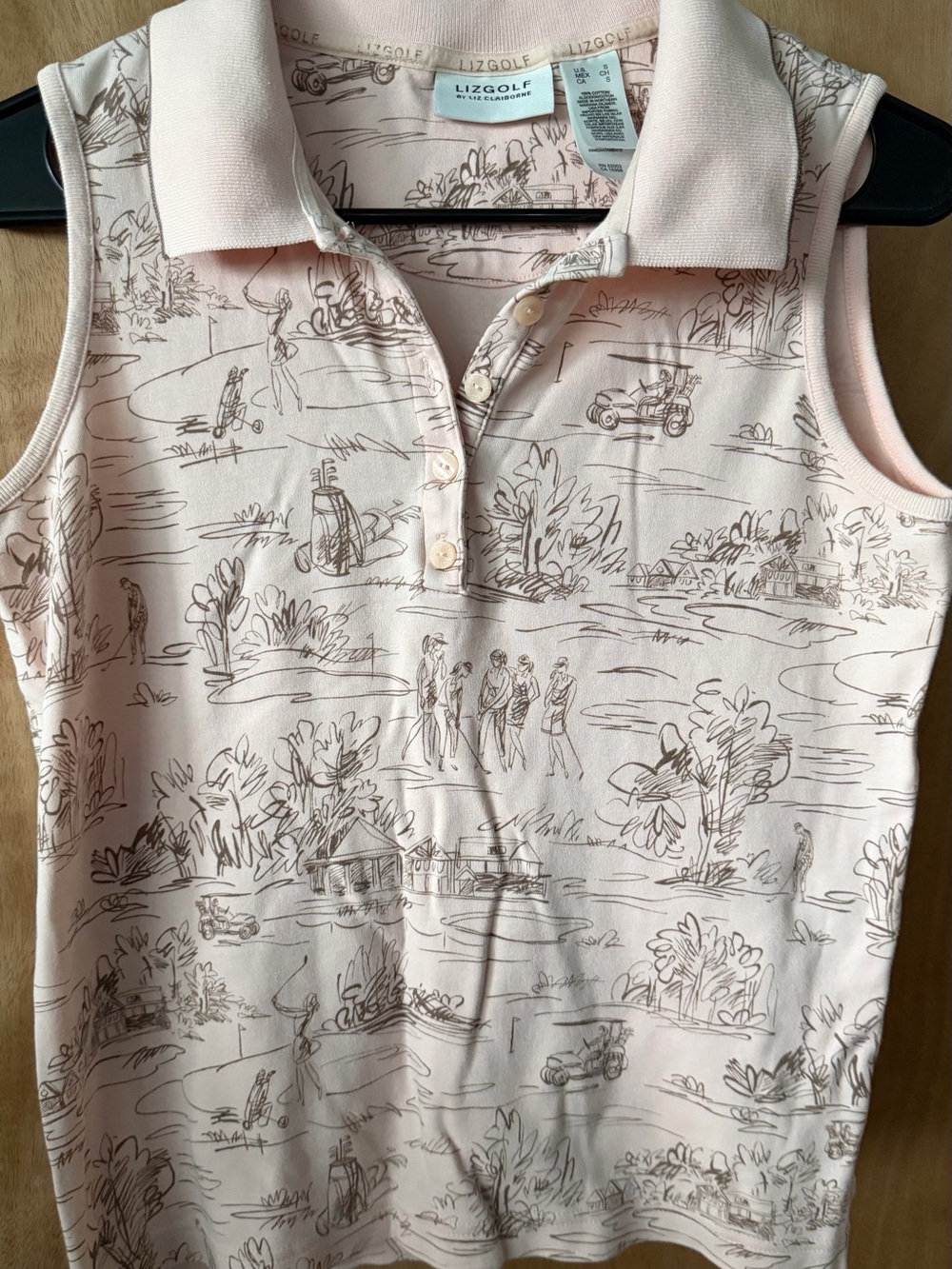 Vintage LizGolf Liz Claiborne Toile Golf Print Sleeveless Polo Top Pink Small